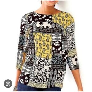 J Jill Petite medium Patchwork Floral Print 3/4 Sleeve Top Women's Yellow Black